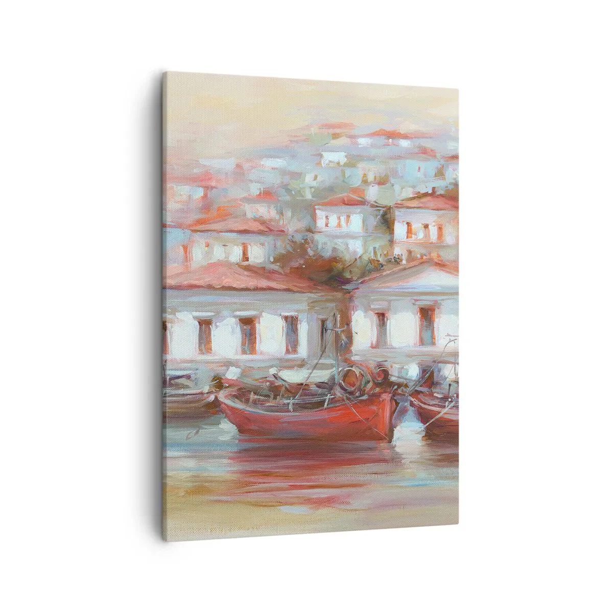 Bild auf Leinwand - Leinwandbild - Bunte Boote und malerische Gebäude am Wasser in Pastelltönen - 50x70cm - Glückliche Stadt - Moderne Wanddekoration für Wohnzimmer und Schlafzimmer ARTTOR