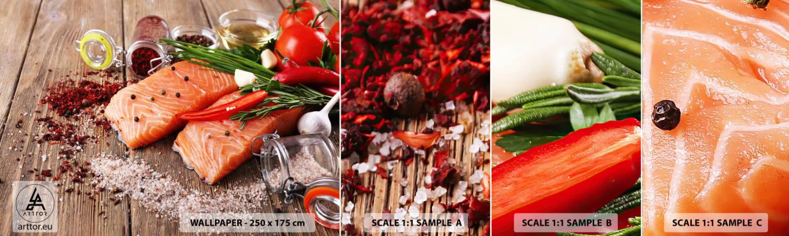 Fototapeten Muster Selbstklebend Deluxe Sticker - Norwegisches Abenteuer in der Küche - Gastronomie, Lachs, Gewürze - 100x30 cm