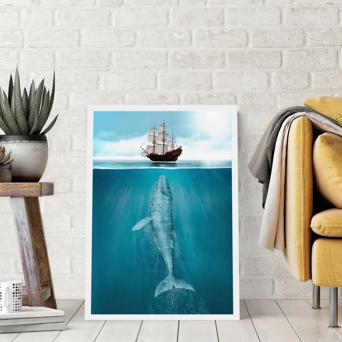 Poster - Ein Schiff auf der Wasseroberfläche mit einem Wal darunter, in einer surrealistischen Aufnahme - 50x70cm - Es ist besser, es nicht zu wissen - Moderne Wanddekoration für Wohnzimmer und Schlafzimmer ARTTOR