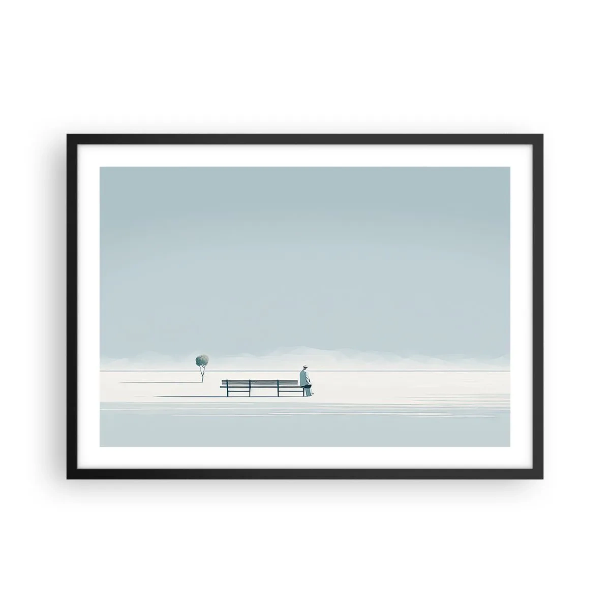Poster in einem schwarzem Rahmen - Eine Person, die auf einer Bank in einer minimalistischen Landschaft sitzt - 70x50cm - Ja, ich warte. - Moderne Wanddekoration für Wohnzimmer und Schlafzimmer ARTTOR
