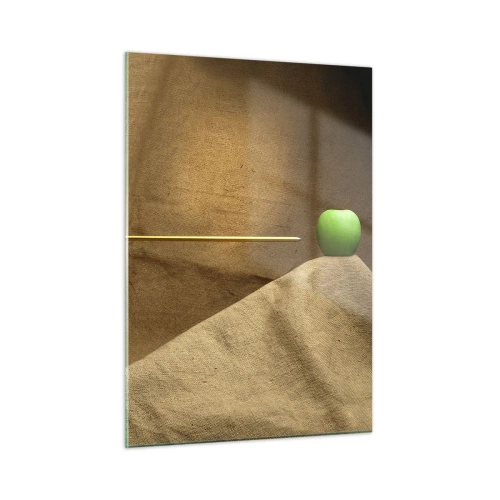 Glasbild - Bild auf glas - Ein grüner Apfel auf beigem Hintergrund, der von einem Pfeil durchbohrt wird. - 50x70cm - Beschwöre den Geist von Wilhelm Tell - Moderne Wanddekoration für Wohnzimmer und Schlafzimmer ARTTOR