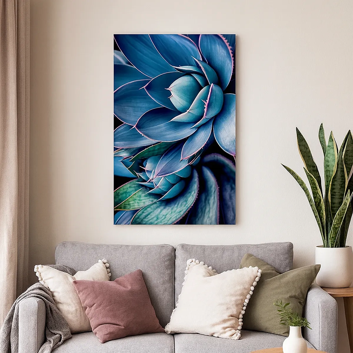 Bild auf Leinwand - Leinwandbild - Agave in Blau- und Grüntönen mit rosa Akzenten - 50x70cm - Lebenskraft - Moderne Wanddekoration für Wohnzimmer und Schlafzimmer ARTTOR