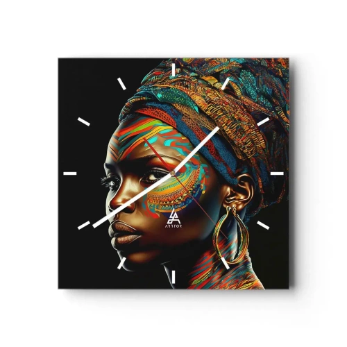 Wanduhr - Glasuhr - Porträt einer Frau mit buntem Muster und Turban - 30x30cm - Afrikanische Königin - Moderne Wanddekoration für Wohnzimmer und Schlafzimmer ARTTOR