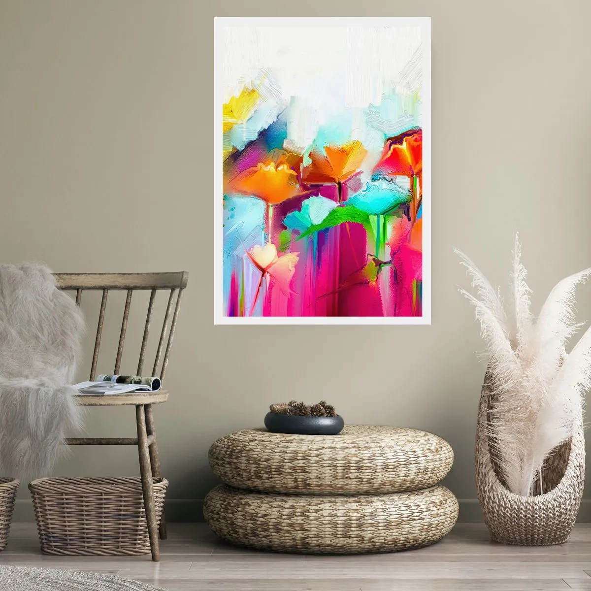 Poster - Abstrakte Blumen in intensiven Farben auf weißem Hintergrund - 50x70cm - Der Regenbogen ist aufgeblüht - Moderne Wanddekoration für Wohnzimmer und Schlafzimmer ARTTOR