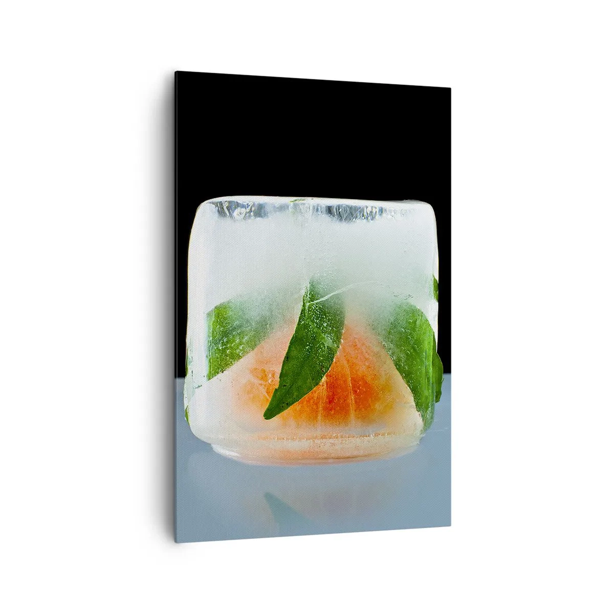Bild auf Leinwand - Leinwandbild - Eiswürfel mit Orange und Blättern - 80x120cm - Frisch und kühl - Moderne Wanddekoration für Wohnzimmer und Schlafzimmer ARTTOR