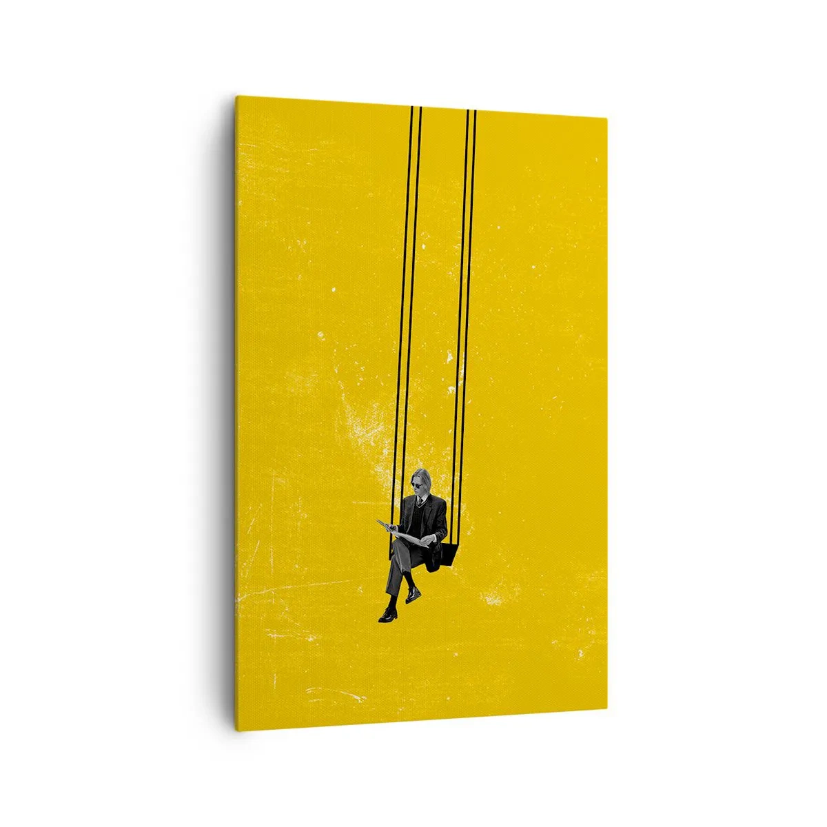 Bild auf Leinwand - Leinwandbild - Eine Person auf einer Schaukel vor einem intensiv gelben Hintergrund - 80x120cm - Tag wie jeder andere - Moderne Wanddekoration für Wohnzimmer und Schlafzimmer ARTTOR