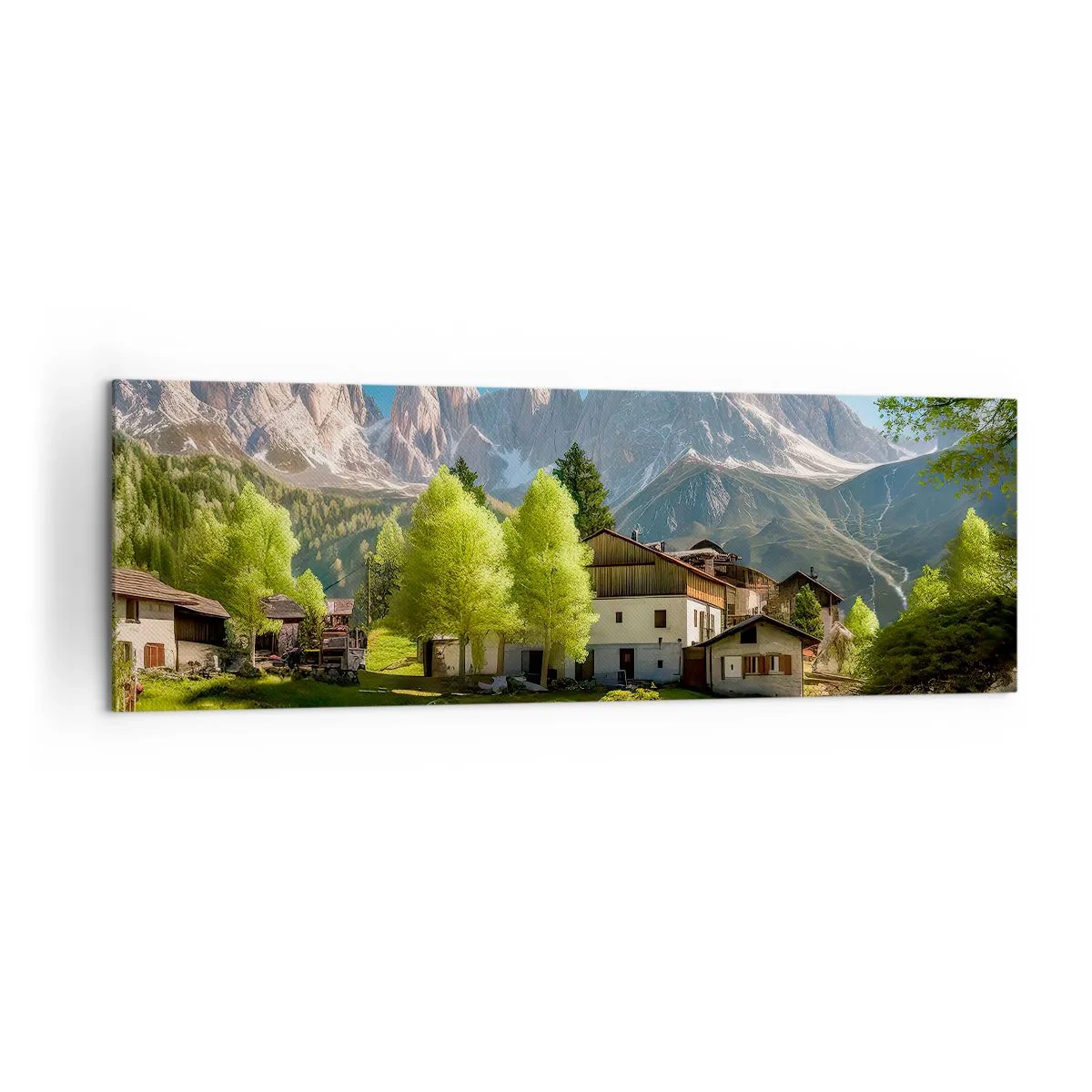 Bild auf Leinwand - Leinwandbild - Ein Bergdorf mit Häusern und Blick auf die Alpen - 160x50cm - Alpenidylle - Moderne Wanddekoration für Wohnzimmer und Schlafzimmer ARTTOR