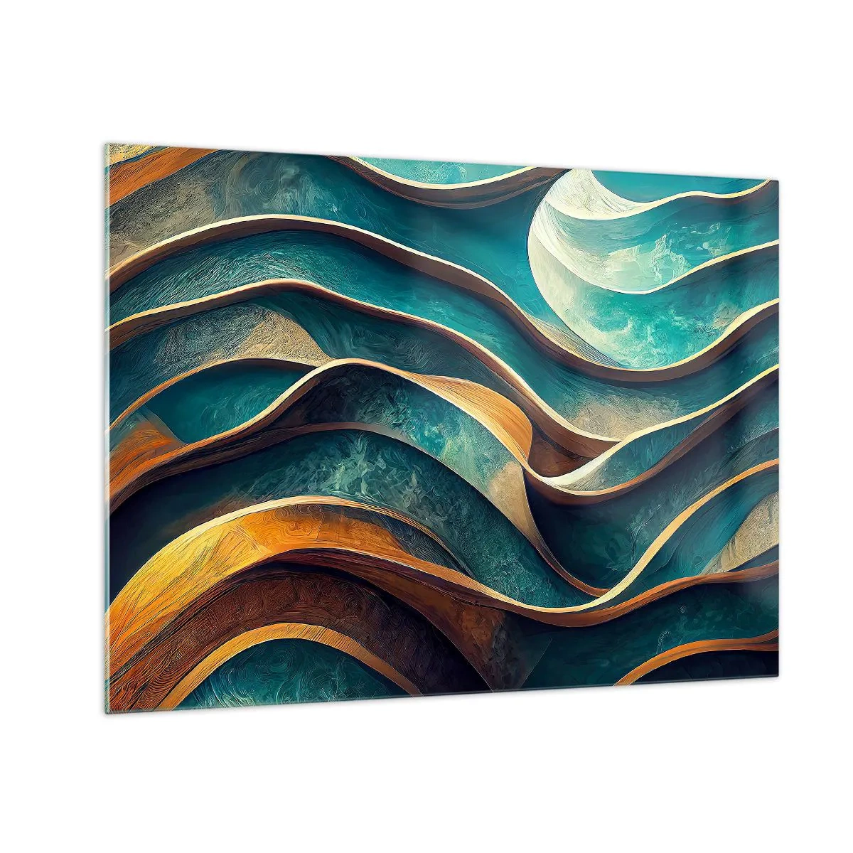 Glasbild - Bild auf glas - Dynamische Linien in Blau und Kupfer erzeugen Wellen - 70x50cm - Blaue Mäander - Moderne Wanddekoration für Wohnzimmer und Schlafzimmer ARTTOR