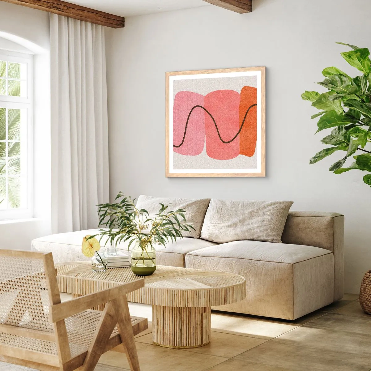 Poster in einem Rahmen aus heller Eiche - Sanfte Bewegung der Formen - 60x60 cm