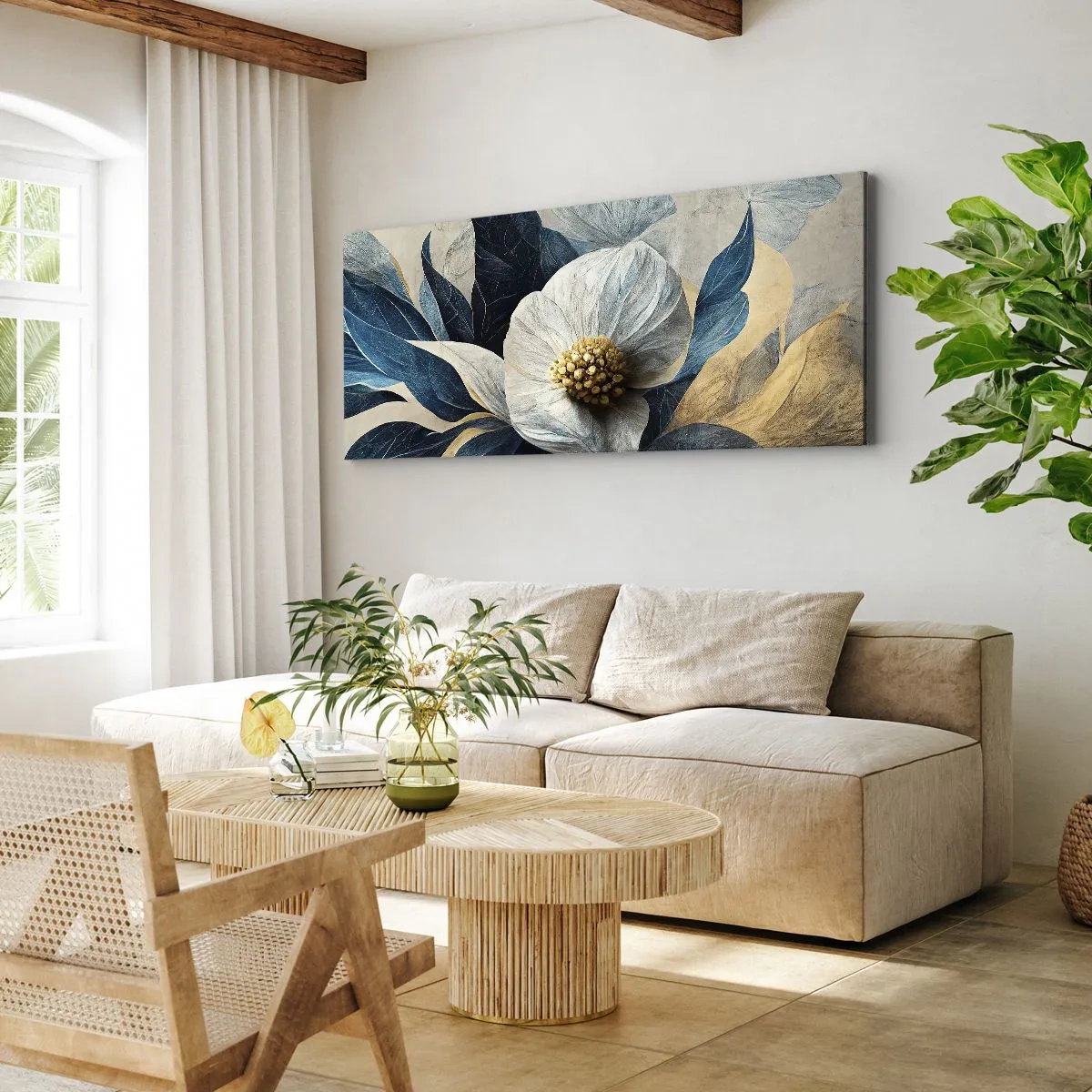 Bild auf Leinwand - Leinwandbild - Eine Blume mit blauen Blättern auf einem eleganten Hintergrund - 140x50cm - Er hat ein Herz aus Gold - Moderne Wanddekoration für Wohnzimmer und Schlafzimmer ARTTOR
