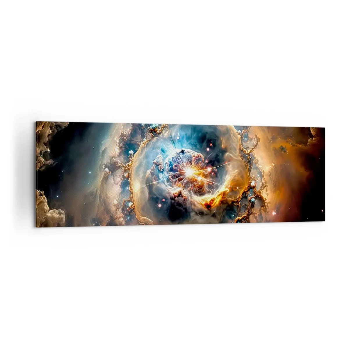 Bild auf Leinwand - Leinwandbild - Eine abstrakte Vision einer kosmischen Explosion in Gold- und Blautönen. - 160x50cm - Anfang - Moderne Wanddekoration für Wohnzimmer und Schlafzimmer ARTTOR