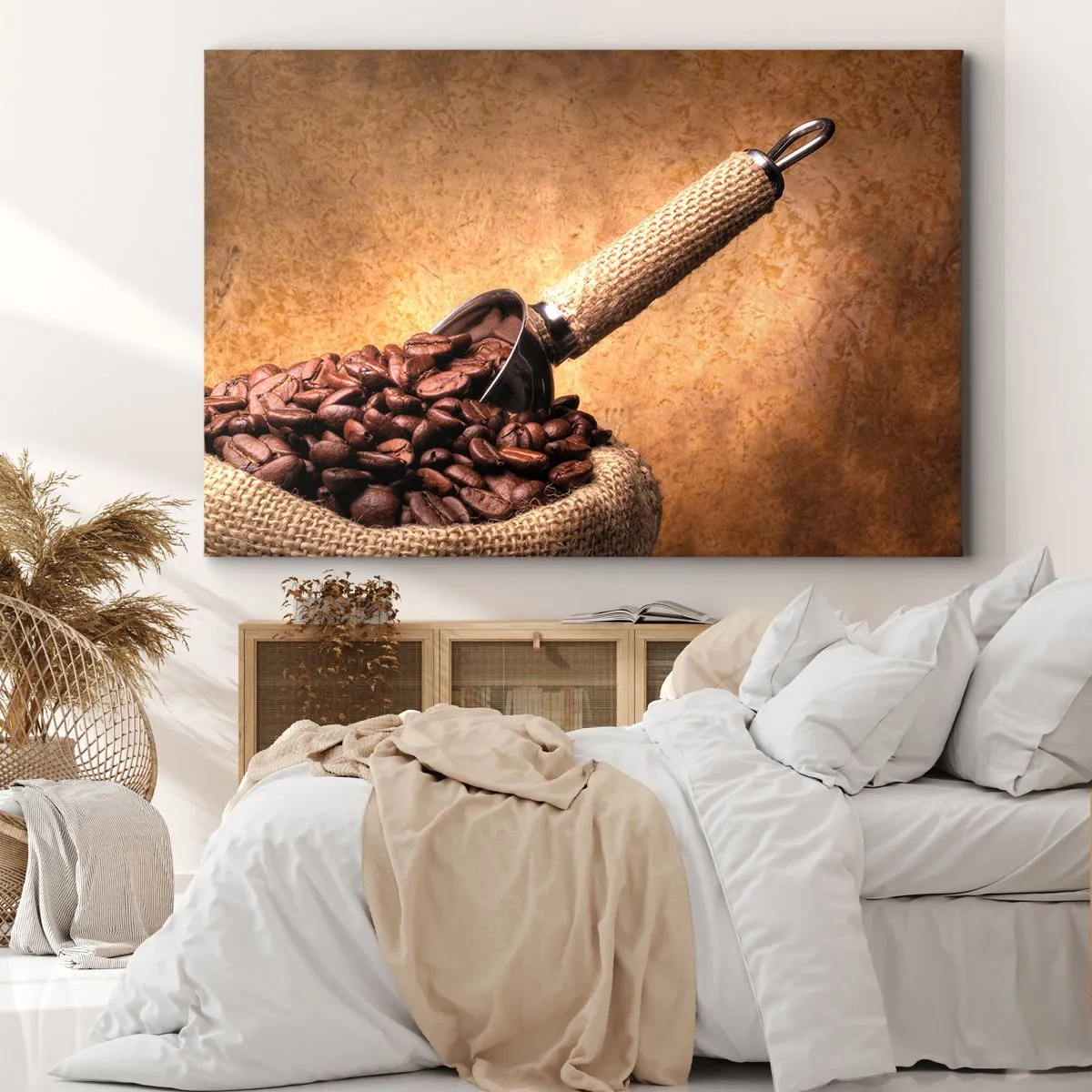 Bild auf Leinwand - Leinwandbild - Kaffeebohnen in einem Jutebeutel mit einem Metalllöffel - 120x80cm - An der Quelle des Geschmacks - Moderne Wanddekoration für Wohnzimmer und Schlafzimmer ARTTOR