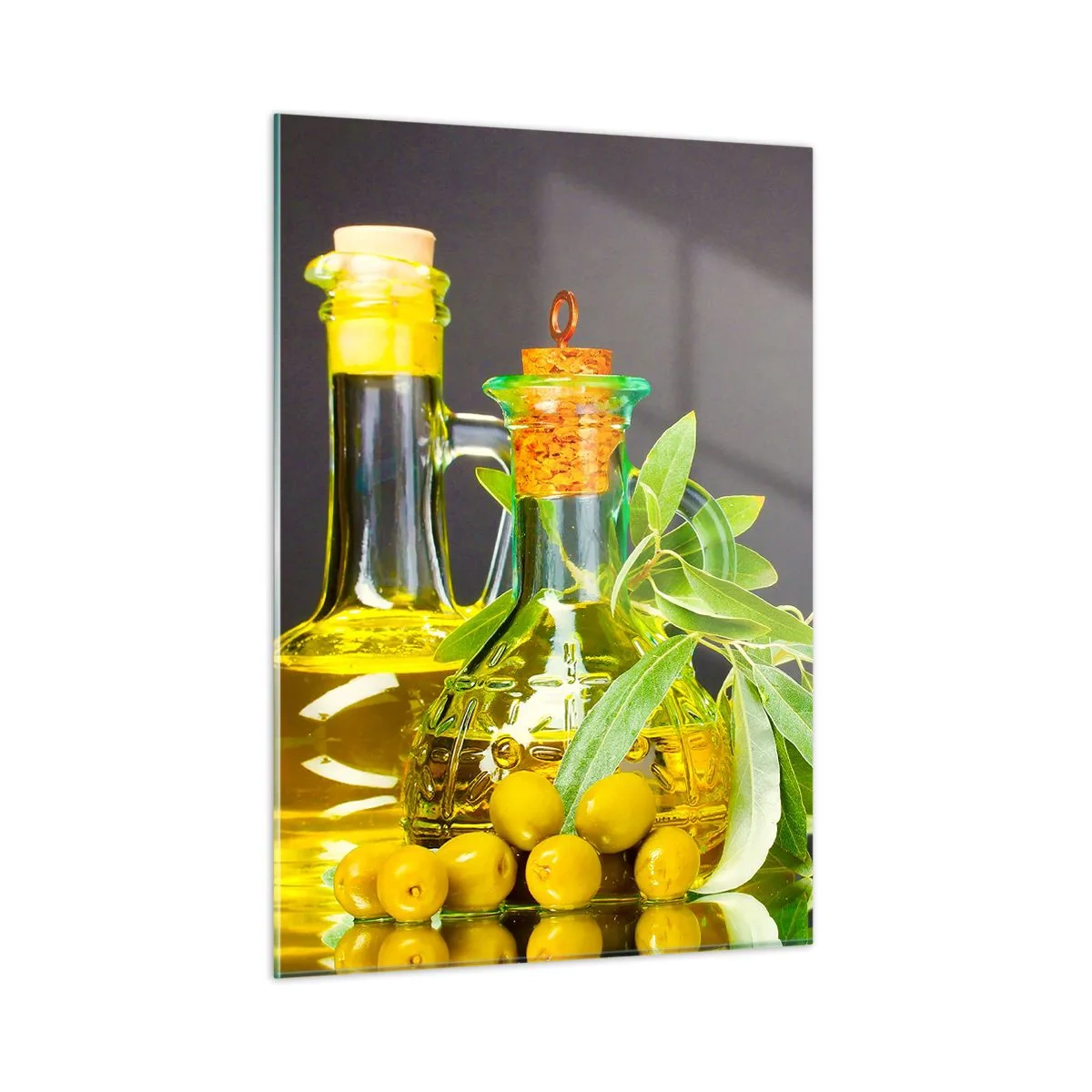 Glasbild - Bild auf glas - Flaschen mit Olivenöl und ein Zweig mit Oliven im Hintergrund - 50x70cm - Stillleben mit Oliven und Olivenöl - Moderne Wanddekoration für Wohnzimmer und Schlafzimmer ARTTOR