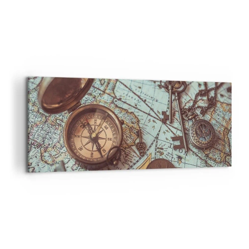 Bild auf Leinwand - Leinwandbild - Komposition mit Kompass, Schlüsseln und einer alten Karte im Retro-Stil - 120x50cm - Für den Abenteurer - Moderne Wanddekoration für Wohnzimmer und Schlafzimmer ARTTOR