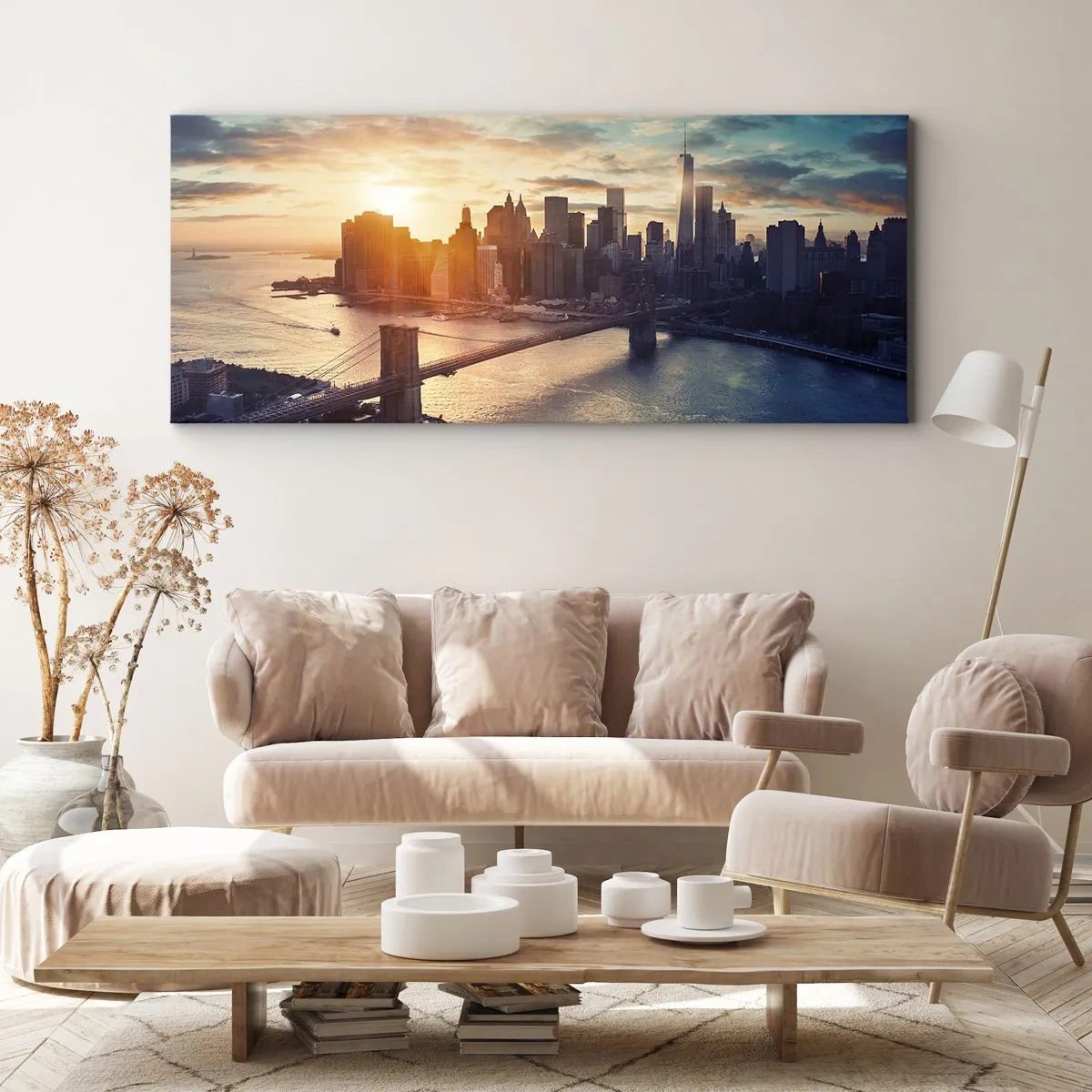 Bild auf Leinwand - Leinwandbild - Panorama der Stadt mit der Brücke und dem Fluss im Licht der untergehenden Sonne - 160x50cm - Westliches Kulturdenkmal - Moderne Wanddekoration für Wohnzimmer und Schlafzimmer ARTTOR