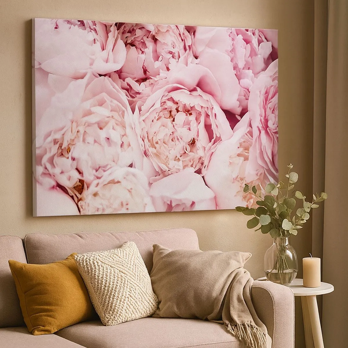 Bild auf Leinwand - Leinwandbild - Eine Nahaufnahme eines Straußes rosa Pfingstrosen - 70x50cm - Anschmiegsam und duftend - Moderne Wanddekoration für Wohnzimmer und Schlafzimmer ARTTOR