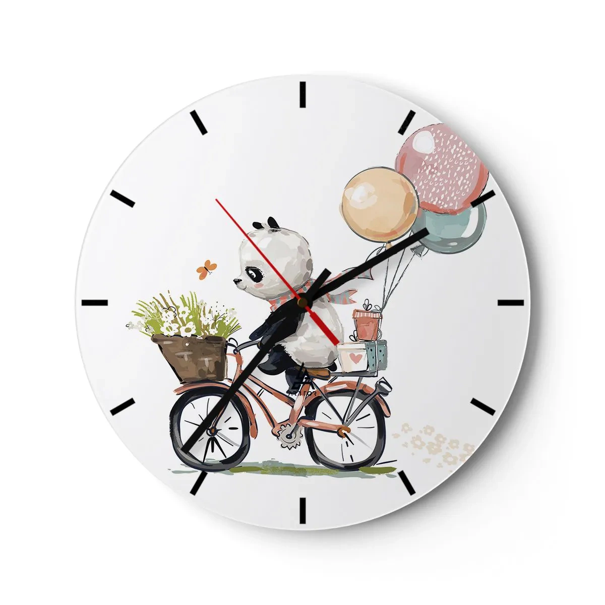 Wanduhr - Glasuhr - Panda auf einem Fahrrad mit Luftballons und einem Korb voller Blumen - 30x30cm - Glücklicher Tag - Moderne Wanddekoration für Wohnzimmer, Küche und Schlafzimmer ARTTOR