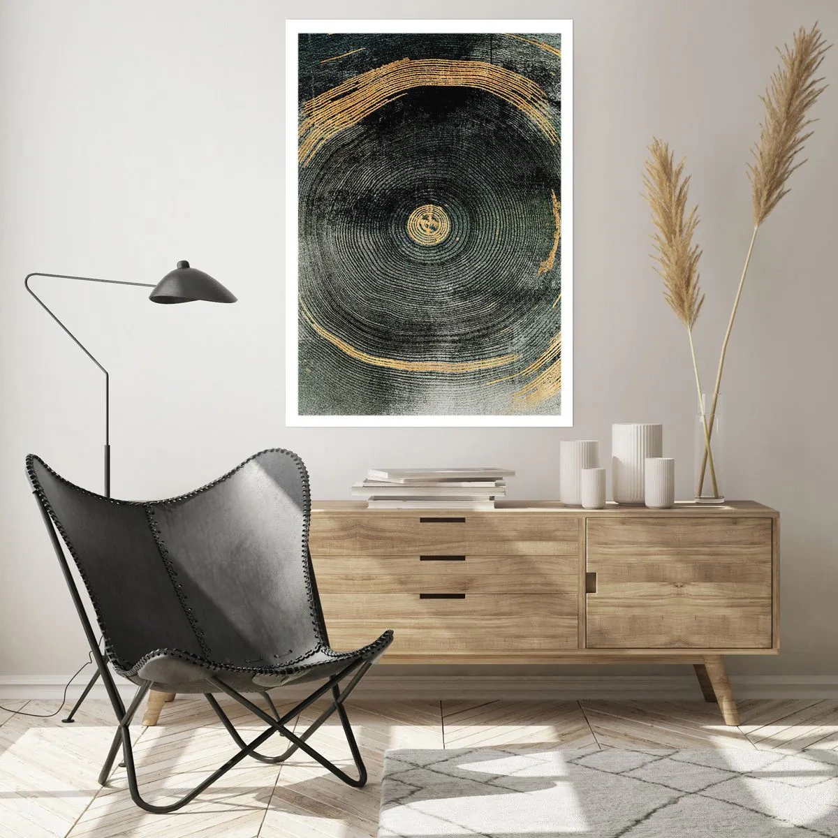 Poster - Abstrakte Holzmaserung in Gold- und Schwarztönen - 50x70cm - Veränderung und Beständigkeit - Moderne Wanddekoration für Wohnzimmer und Schlafzimmer ARTTOR