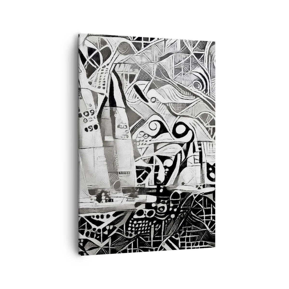 Bild auf Leinwand - Leinwandbild - Abstrakte Segelboote in einer monochromen Komposition - 70x100cm - Zwischen den Wellen - Moderne Wanddekoration für Wohnzimmer und Schlafzimmer ARTTOR