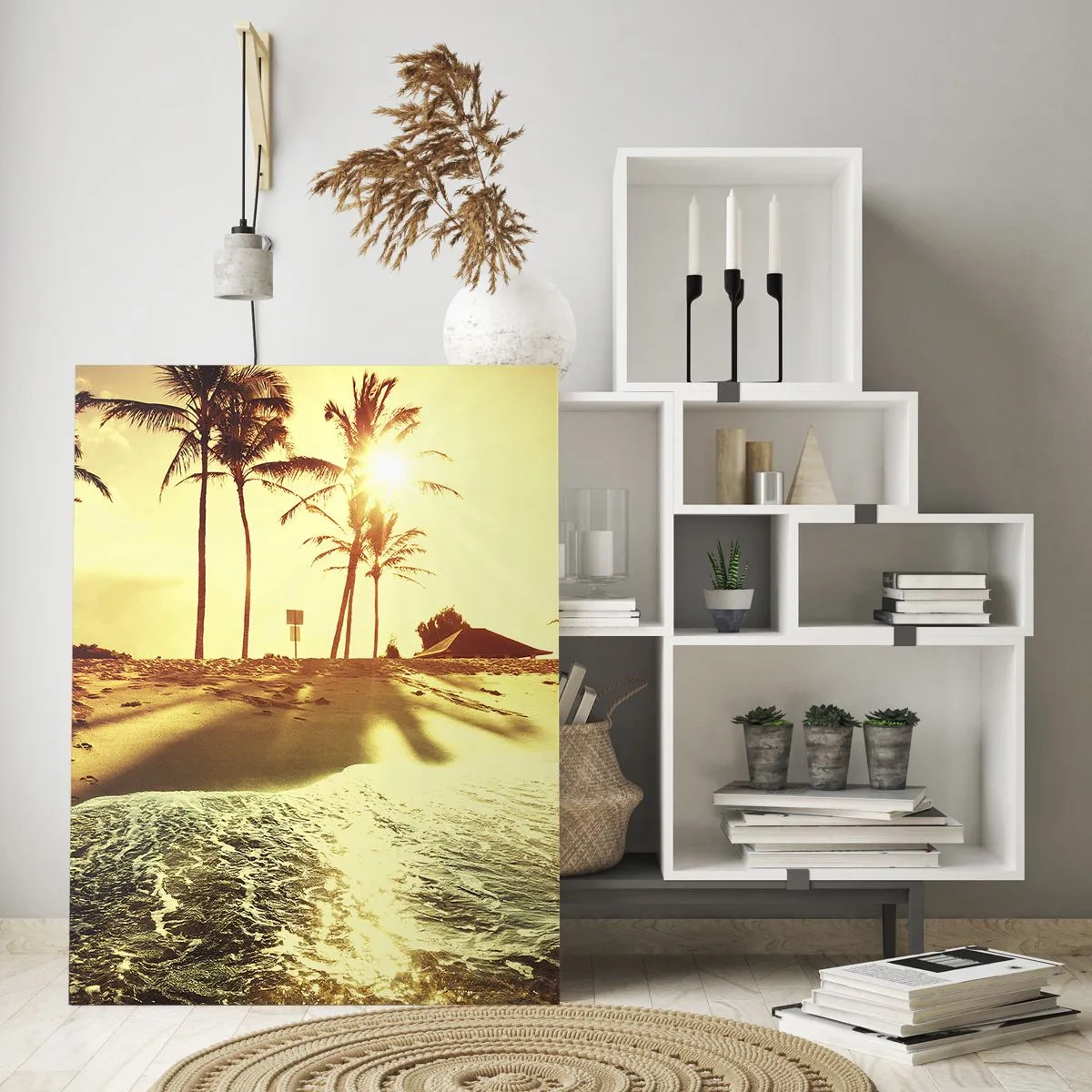 Glasbild - Bild auf glas - Goldener Strand mit Palmen bei Sonnenuntergang und ruhigem Meer - 50x70cm - Kalifornien am Nachmittag - Moderne Wanddekoration für Wohnzimmer und Schlafzimmer ARTTOR
