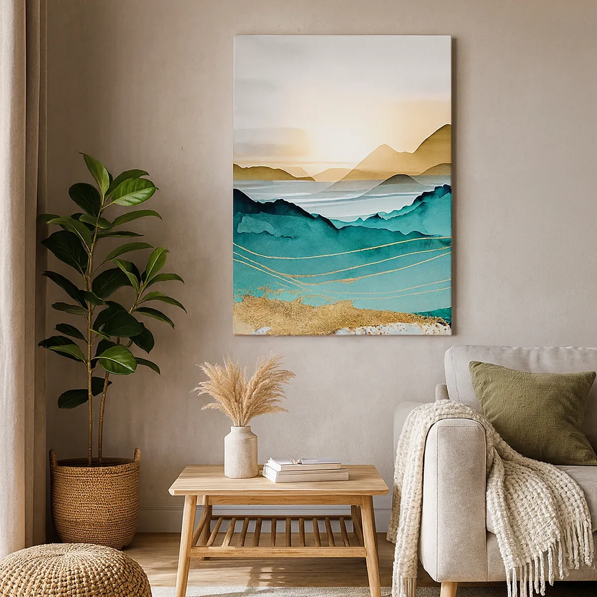 Bild auf Leinwand - Leinwandbild - Abstrakte Landschaft mit Bergen und goldenen Akzenten - 50x70cm - Am Rande der Abstraktion – Landschaft - Moderne Wanddekoration für Wohnzimmer und Schlafzimmer ARTTOR