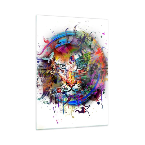 Glasbild - Bild auf glas - Farbenfrohes Löwenporträt im künstlerischen Stil mit abstrakten Akzenten - 50x70cm - Es lauert hinter einem Regenbogenschleier - Moderne Wanddekoration für Wohnzimmer und Schlafzimmer ARTTOR