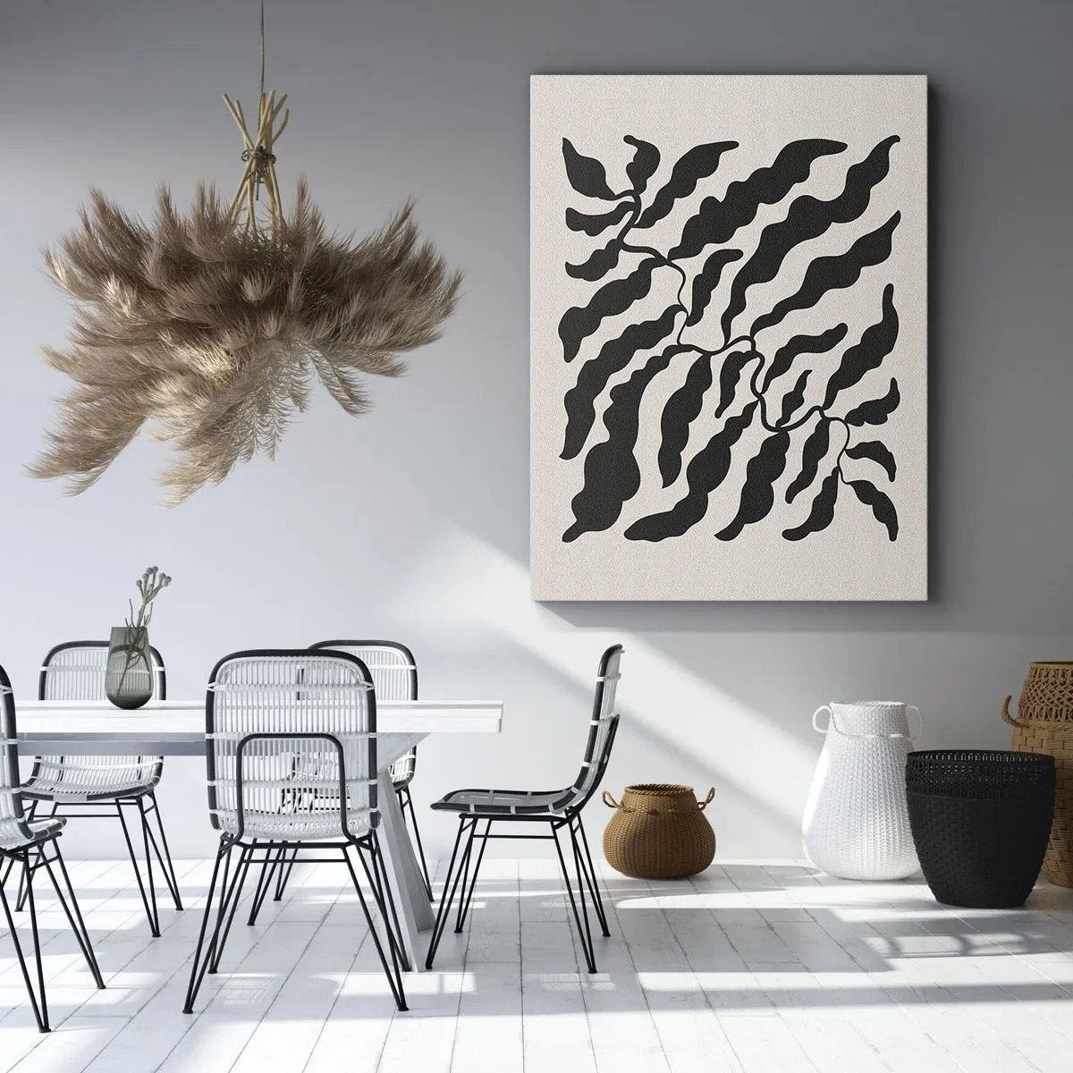 Bild auf Leinwand - Leinwandbild - Zweige mit Blättern in Schwarz auf hellem Hintergrund - 50x70cm - Natur des Quadrats - Moderne Wanddekoration für Wohnzimmer und Schlafzimmer ARTTOR