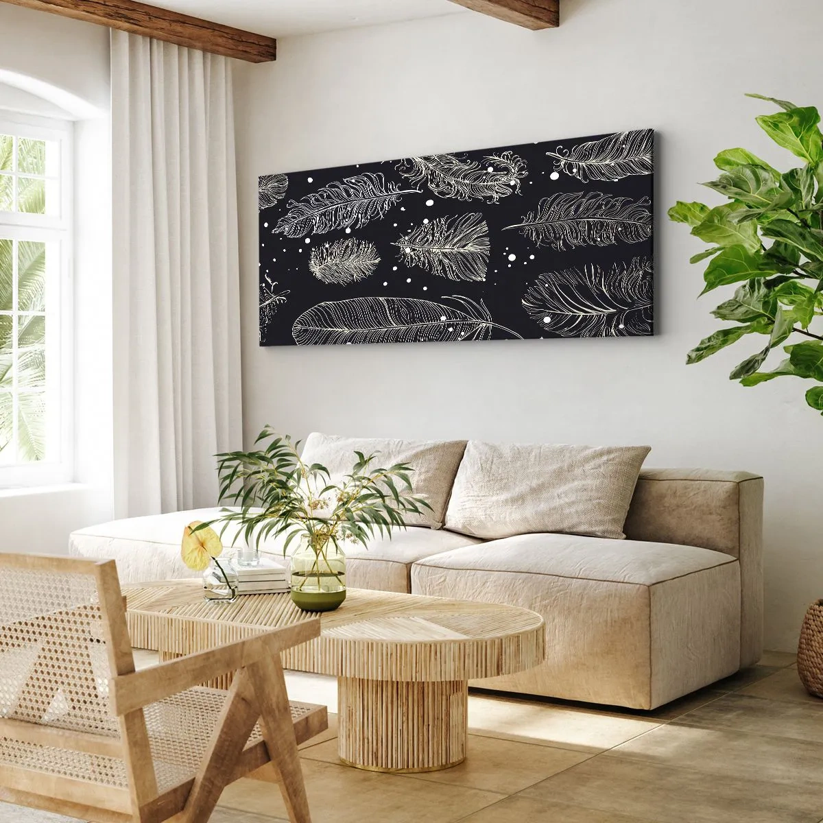 Bild auf Leinwand - Leinwandbild - Zarte weiße Federn auf marineblauem Hintergrund - 160x50cm - Gefiederte Spitze - Moderne Wanddekoration für Wohnzimmer und Schlafzimmer ARTTOR