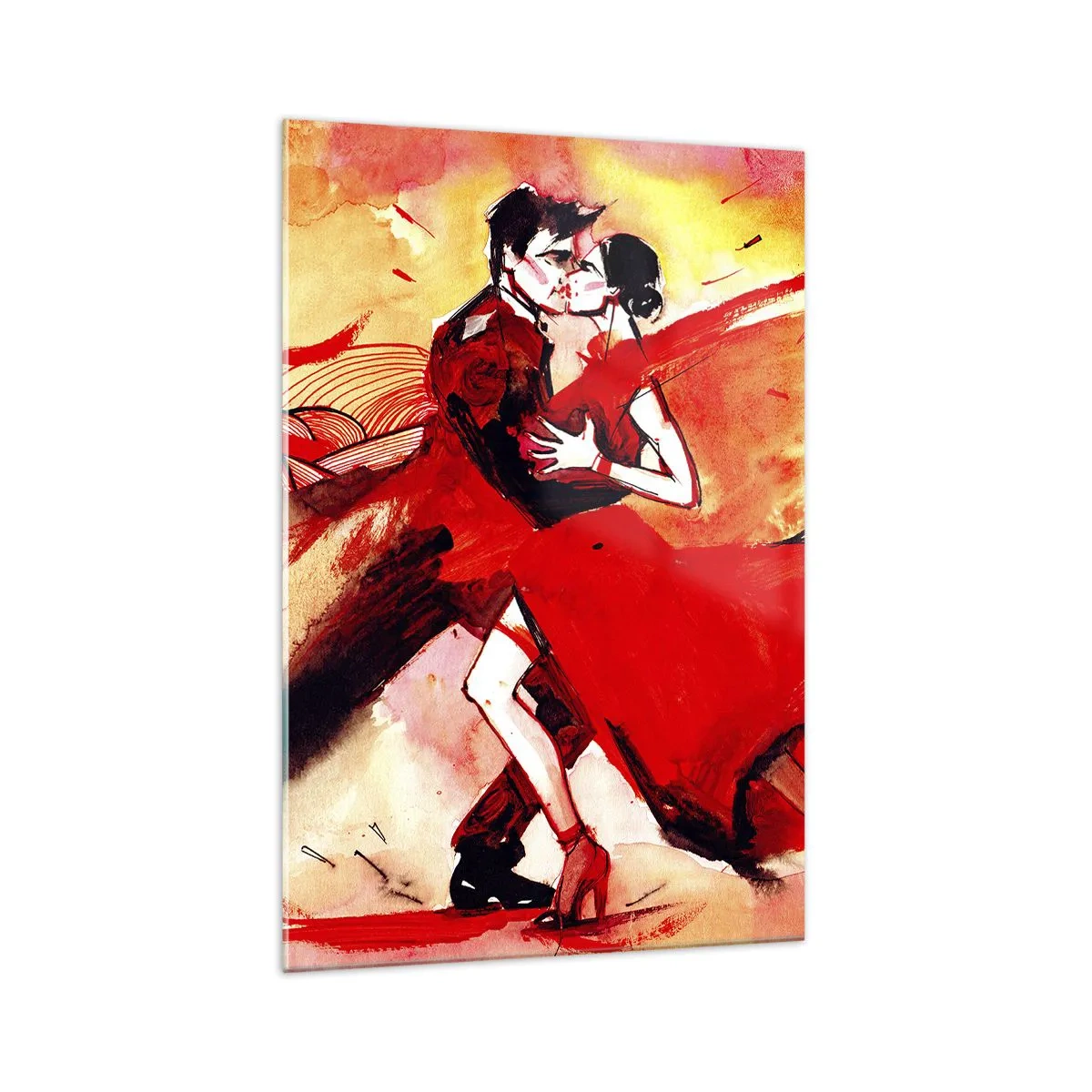 Glasbild - Bild auf glas - Ein Paar tanzt Tango in Rottönen vor einem dynamischen Hintergrund. - 70x100cm - Der violette Rhythmus der Leidenschaft - Moderne Wanddekoration für Wohnzimmer und Schlafzimmer ARTTOR