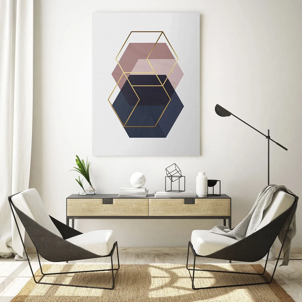 Glasbild - Bild auf glas - Geometrische Formen in goldenen Linien auf pastellfarbenem Hintergrund - 70x100cm - Die Kraft der Einfachheit - Moderne Wanddekoration für Wohnzimmer und Schlafzimmer ARTTOR