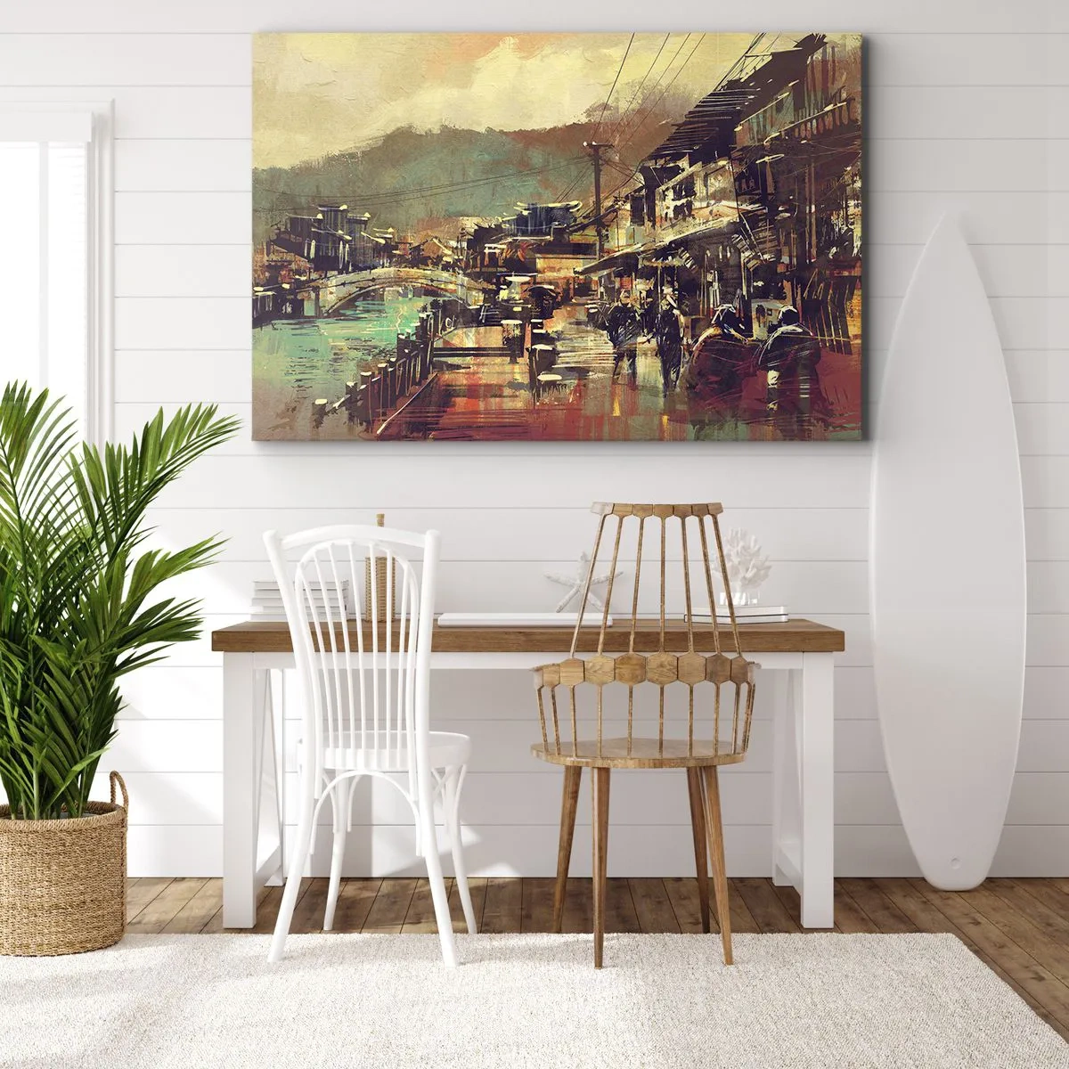 Bild auf Leinwand - Leinwandbild - Eine Stadt mit einer Brücke und kunstvoll gestalteten Straßen - 70x50cm - Das Leben als Reichtum an Grau - Moderne Wanddekoration für Wohnzimmer und Schlafzimmer ARTTOR