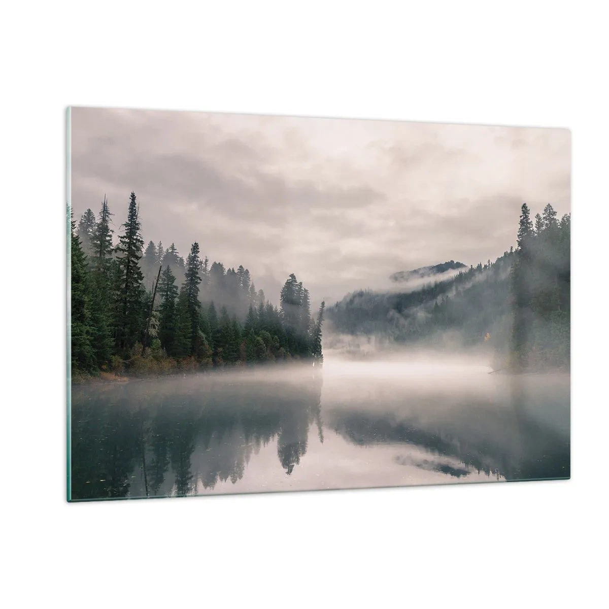 Glasbild - Bild auf glas - Morgendlicher Blick auf einen See im Wald, in Nebel gehüllt - 120x80cm - In Reflexion, im Nebel - Moderne Wanddekoration für Wohnzimmer und Schlafzimmer ARTTOR