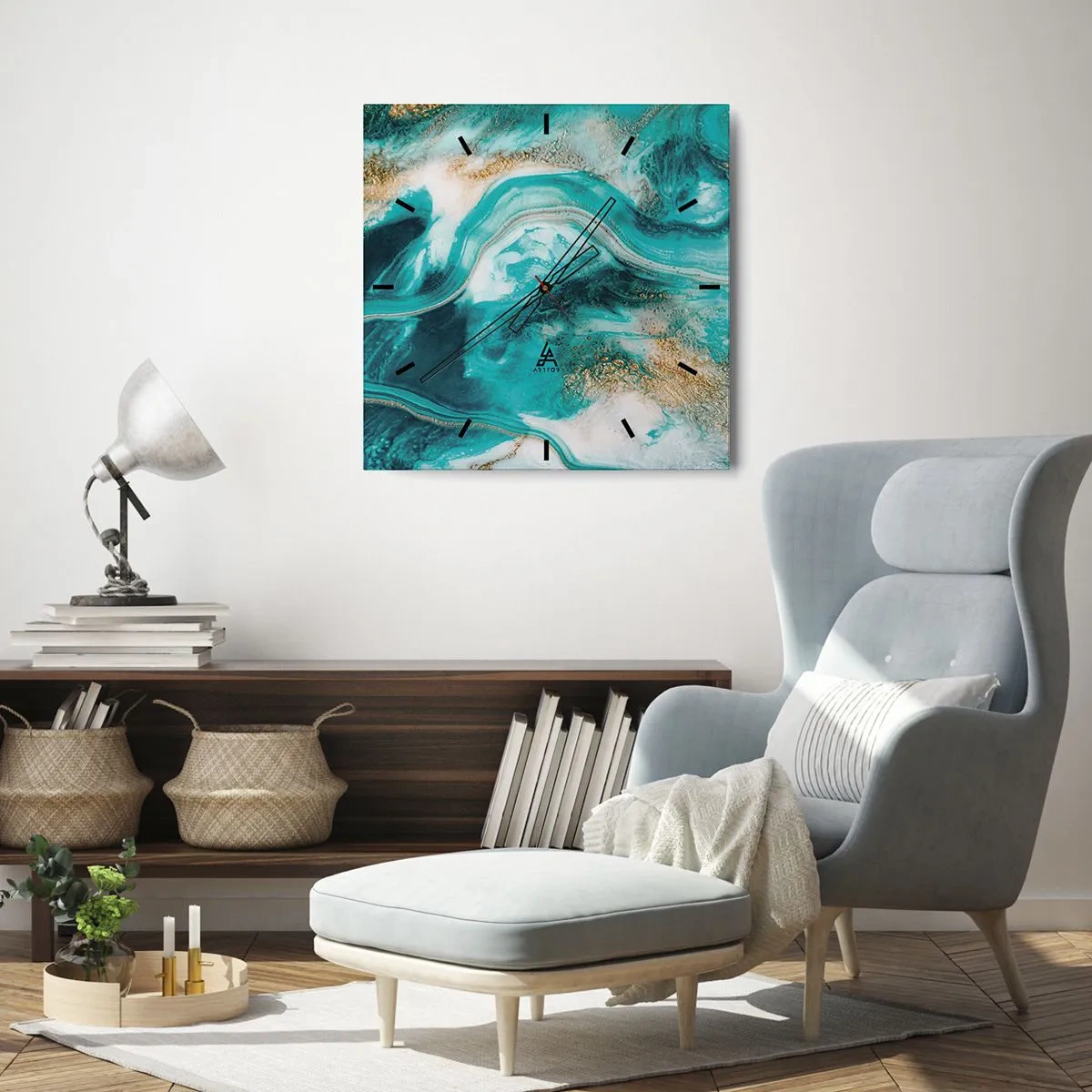 Wanduhr - Glasuhr - Türkisfarbene Abstraktion mit weißen und goldenen Akzenten - 30x30cm - Der Fluss aus Gold - Moderne Wanddekoration für Wohnzimmer und Schlafzimmer ARTTOR