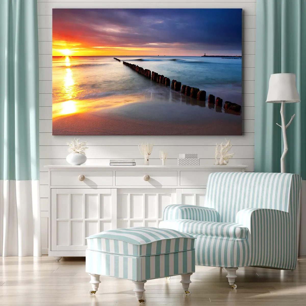 Bild auf Leinwand - Leinwandbild - Sonnenuntergang über dem Meer mit einem Wellenbrecher im Vordergrund - 70x50cm - Lausche der Stille - Moderne Wanddekoration für Wohnzimmer und Schlafzimmer ARTTOR