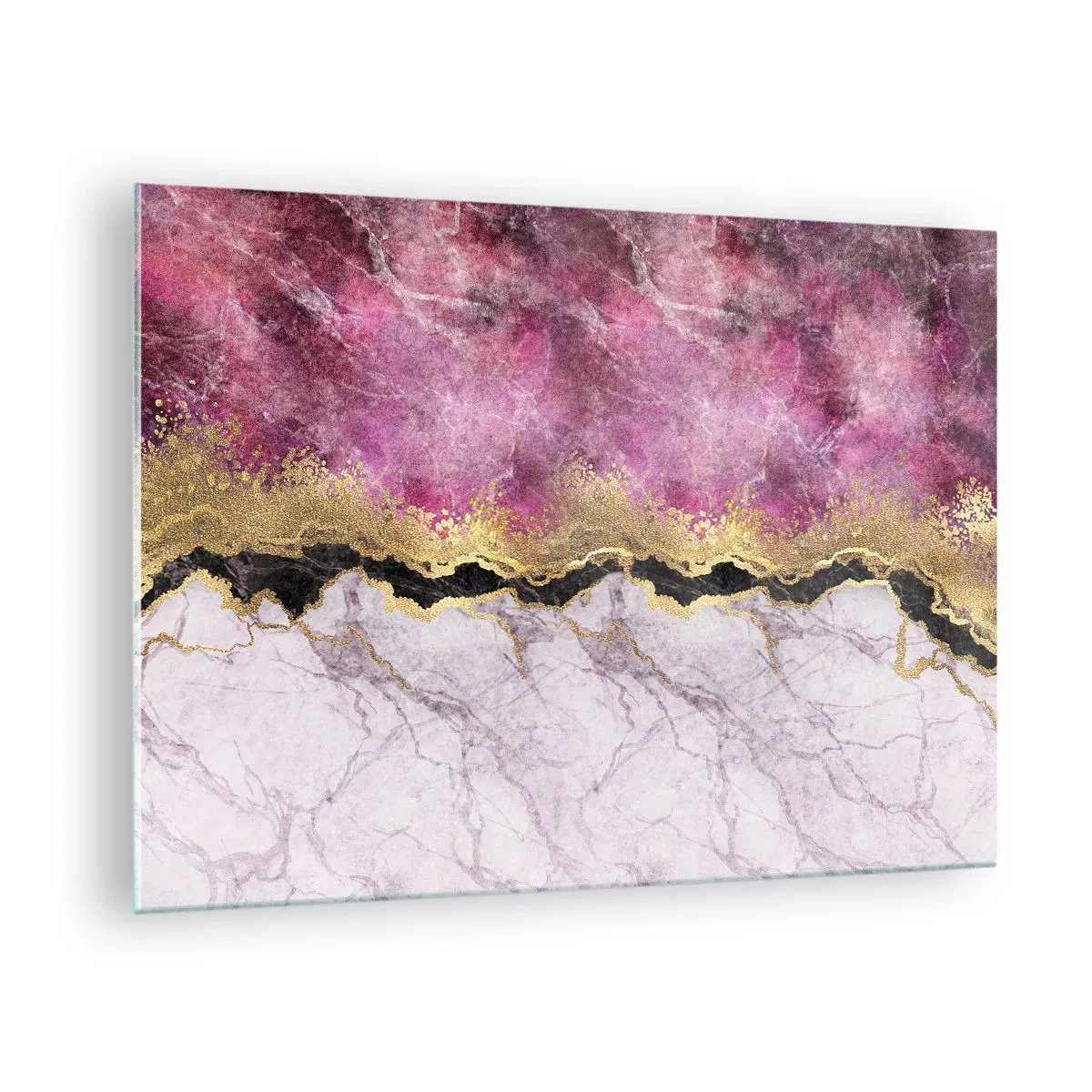 Glasbild - Bild auf glas - Abstrakte Marmorkomposition mit goldenen und violetten Akzenten - 70x50cm - An der Grenze - Moderne Wanddekoration für Wohnzimmer und Schlafzimmer ARTTOR