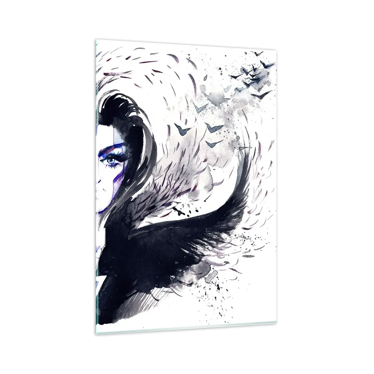 Glasbild - Bild auf glas - Abstraktes Gesicht mit kontrastierenden Elementen und einem Flügelmotiv - 80x120cm - Dämonisch und schön - Moderne Wanddekoration für Wohnzimmer und Schlafzimmer ARTTOR