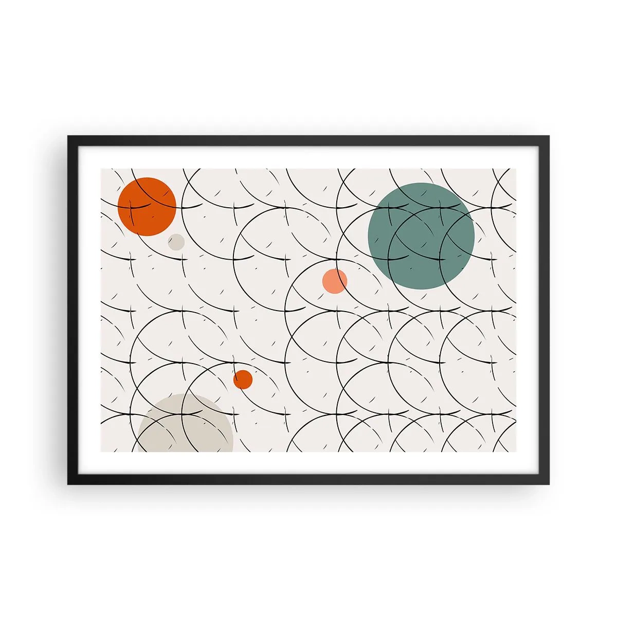 Poster in einem schwarzem Rahmen - Geometrisches Muster mit bunten Kreisen auf hellem Hintergrund - 70x50cm - Im Pop-Art-Geist - Moderne Wanddekoration für Wohnzimmer und Schlafzimmer ARTTOR