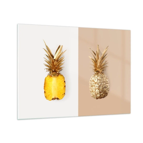 Glasbild - Bild auf glas - Eine in Scheiben geschnittene und goldene Ananas auf zwei kontrastierenden Hintergründen - 70x50cm - Ananas für uns - Moderne Wanddekoration für Wohnzimmer und Schlafzimmer ARTTOR