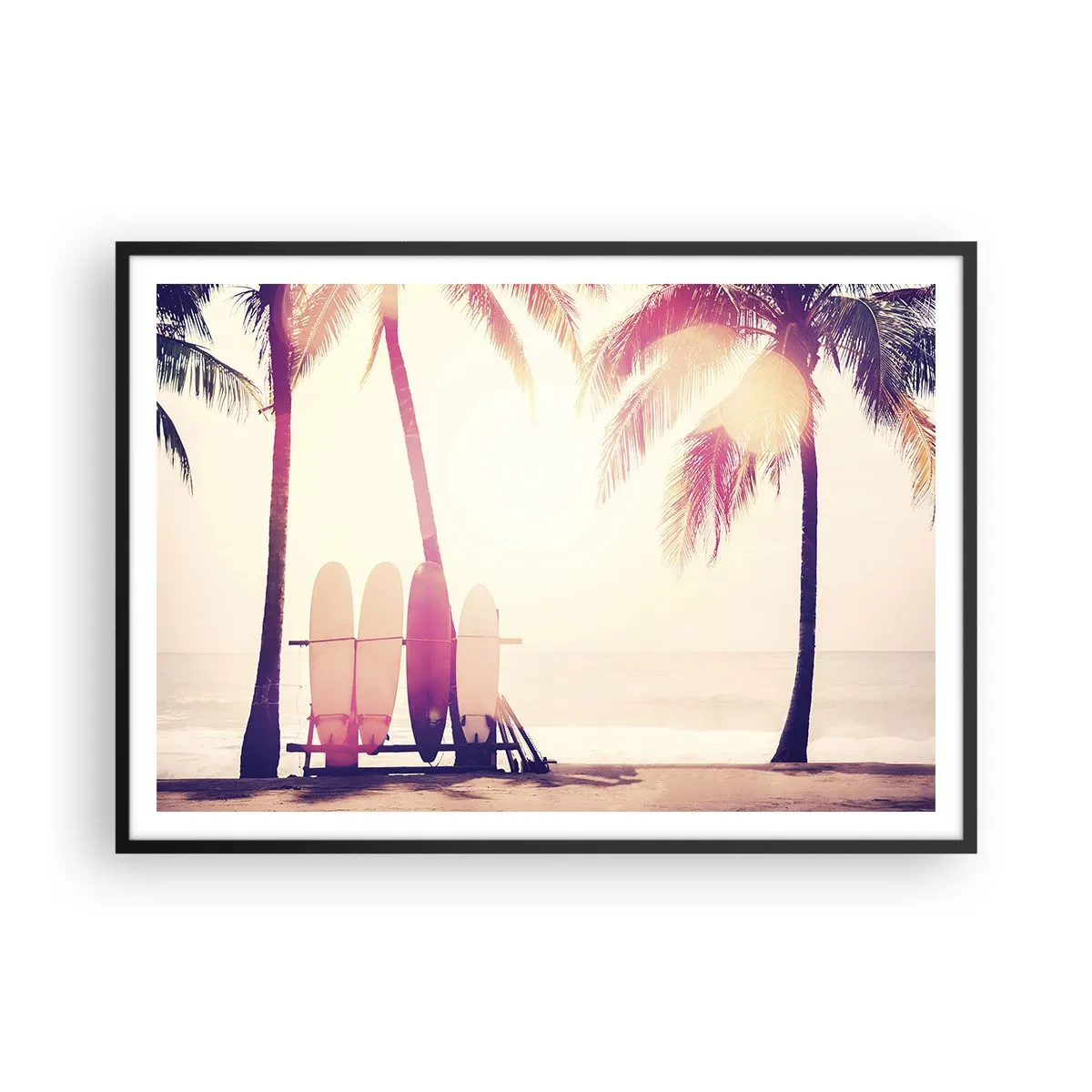 Poster in einem schwarzem Rahmen - Palmen und Surfbretter am Strand im Sonnenschein - 100x70cm - Es wird ein toller Tag - Moderne Wanddekoration für Wohnzimmer und Schlafzimmer ARTTOR