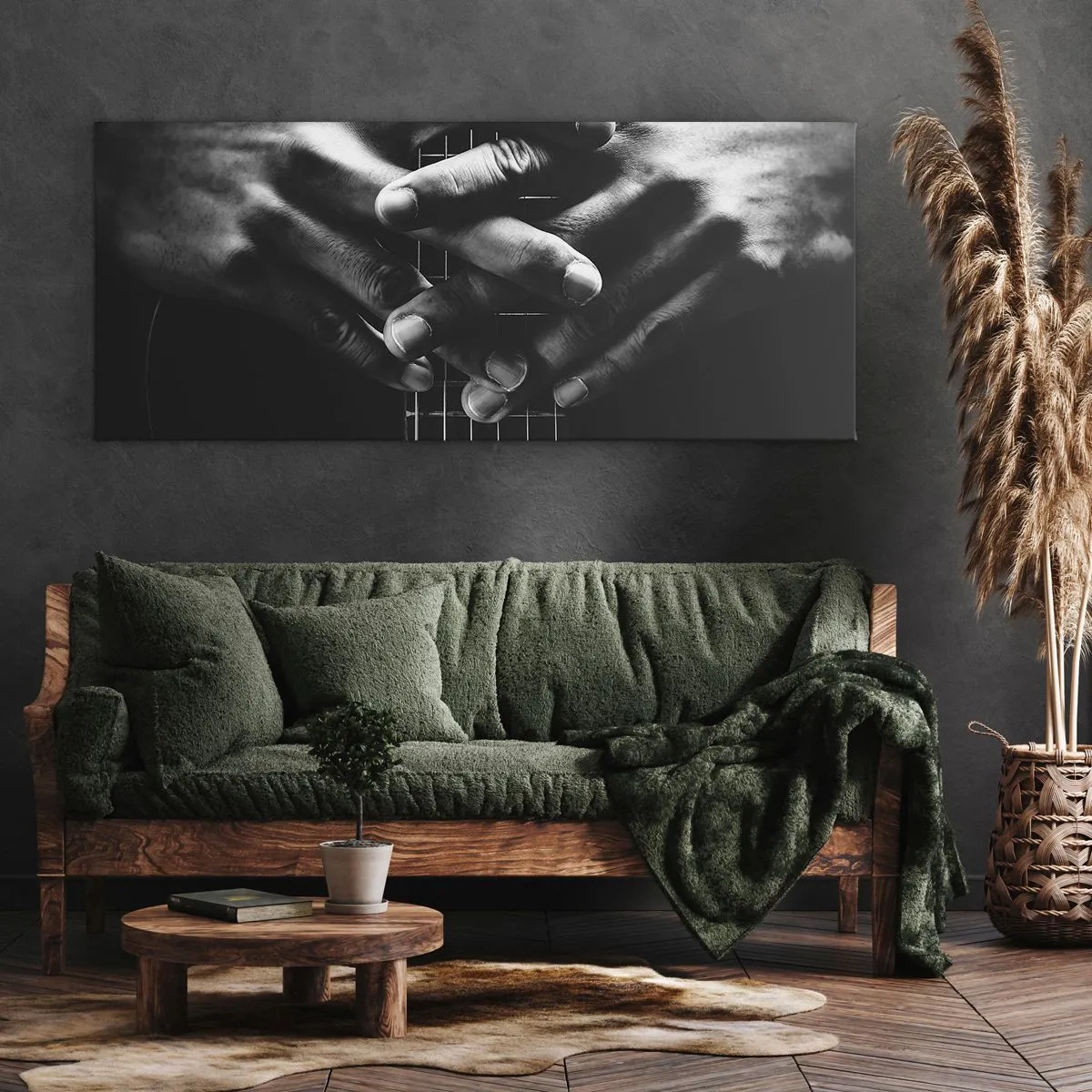 Bild auf Leinwand - Leinwandbild - Hände auf einer Gitarre in einem monochromen Ton gefaltet - 140x50cm - Gebet des Künstlers - Moderne Wanddekoration für Wohnzimmer und Schlafzimmer ARTTOR