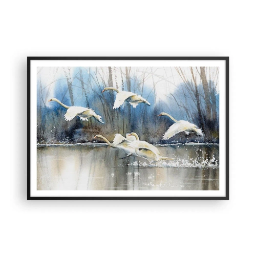 Poster in einem schwarzem Rahmen - Schwäne im Flug über einem zugefrorenen See in einer Winterlandschaft - 100x70cm - Wie im Märchen von den wilden Schwänen - Moderne Wanddekoration für Wohnzimmer und Schlafzimmer ARTTOR