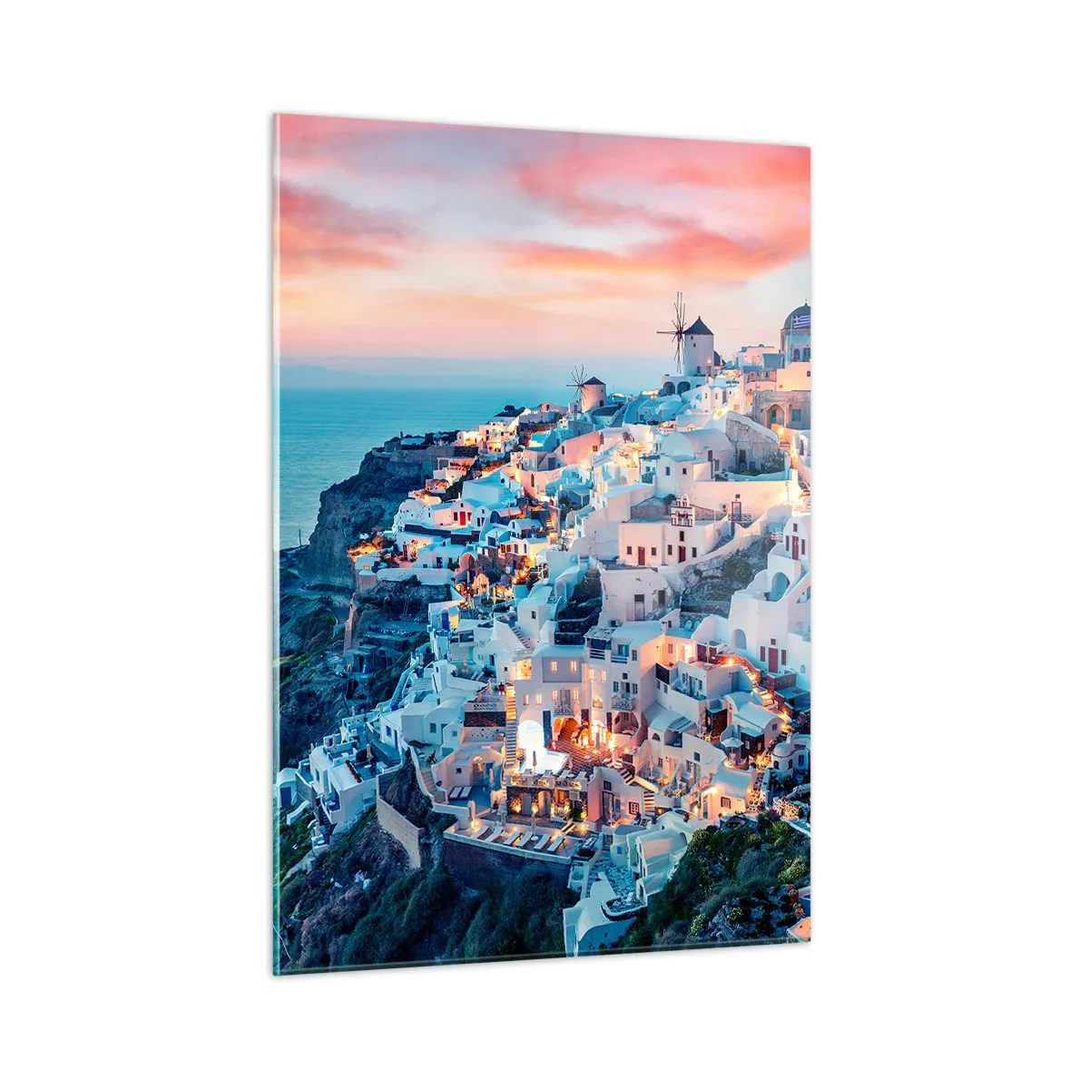 Glasbild - Bild auf glas - Griechische Klippenstadt in der Abenddämmerung mit Blick auf das Meer - 50x70cm - Dein toller griechischer Urlaub - Moderne Wanddekoration für Wohnzimmer und Schlafzimmer ARTTOR