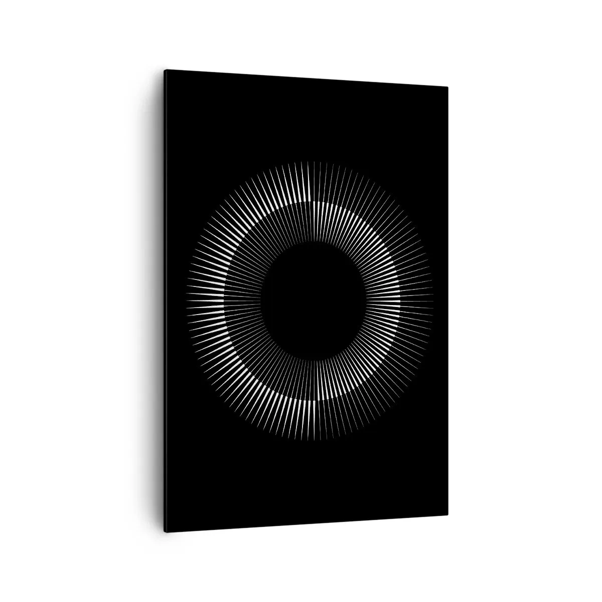 Bild auf Leinwand - Leinwandbild - Grafischer Kreis mit Strahlen in Schwarz und Weiß - 70x100cm - Schwarze Sonne - Moderne Wanddekoration für Wohnzimmer und Schlafzimmer ARTTOR