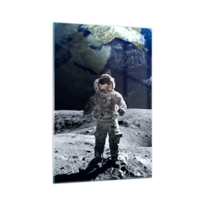Glasbild - Bild auf glas - Astronaut auf der Mondoberfläche mit der Erde im Hintergrund - 70x100cm - Grüße vom Mond - Moderne Wanddekoration für Wohnzimmer und Schlafzimmer ARTTOR