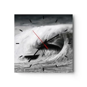 Wanduhr - Glasuhr - Dramatische Meereswelle in Monochrom - 30x30cm - Wut des Ozeans - Moderne Wanddekoration für Wohnzimmer und Schlafzimmer ARTTOR