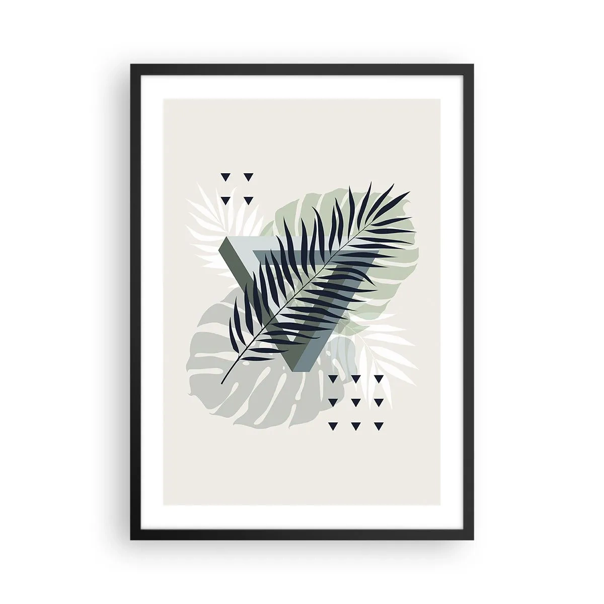 Poster in einem schwarzem Rahmen - Abstrakte tropische Blätter auf hellem Hintergrund - 50x70cm - Natur und Geometrie – zwei Ordnungen? - Moderne Wanddekoration für Wohnzimmer und Schlafzimmer ARTTOR