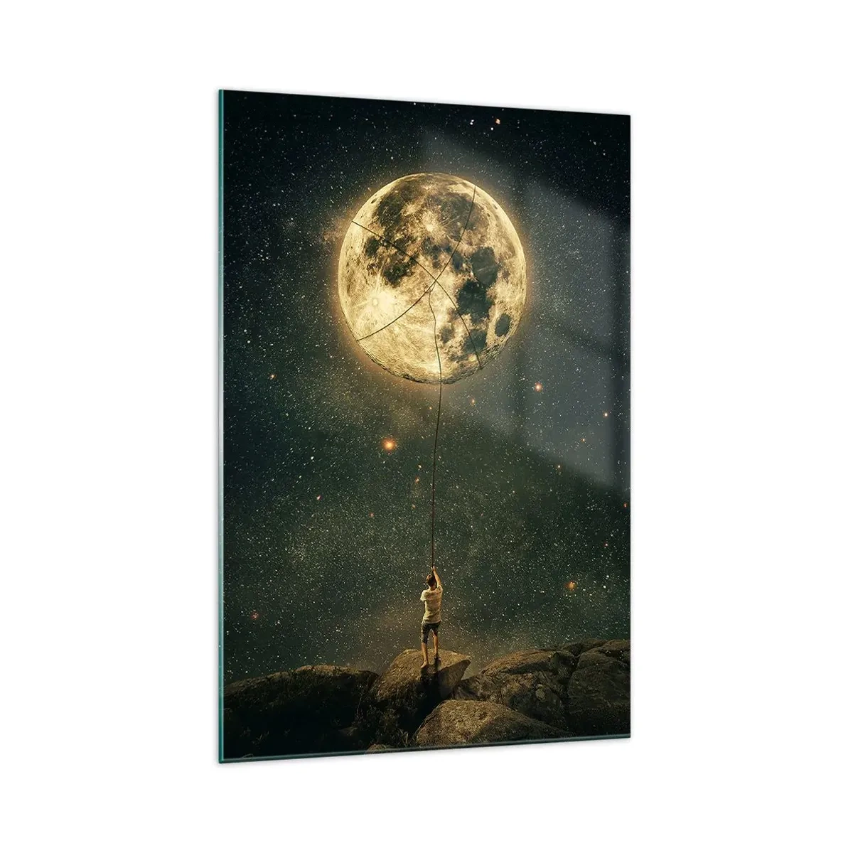 Glasbild - Bild auf glas - Mann mit dem Mond vor dem Sternenhimmel - 70x100cm - Der Mann, der den Mond gestohlen hat - Moderne Wanddekoration für Wohnzimmer und Schlafzimmer ARTTOR