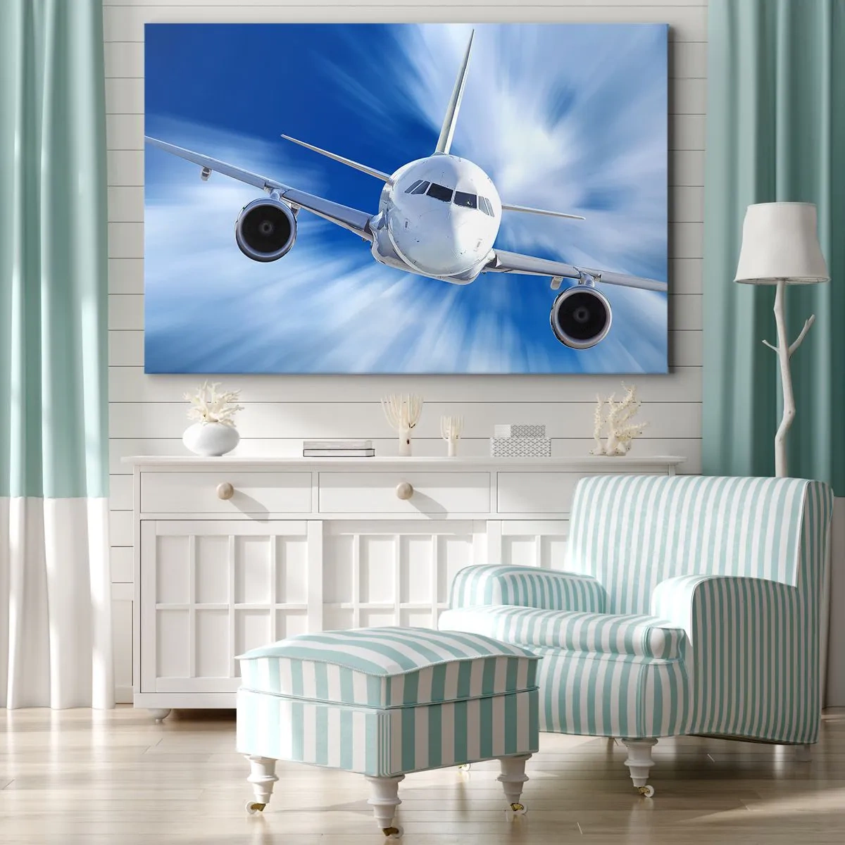 Bild auf Leinwand - Leinwandbild - Ein Passagierflugzeug in Bewegung gegen den Himmel - 100x70cm - Schneller als der Wind am Himmel - Moderne Wanddekoration für Wohnzimmer und Schlafzimmer ARTTOR