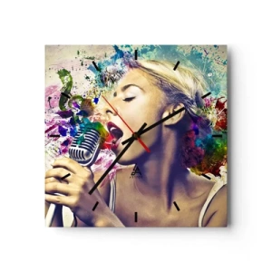 Wanduhr - Glasuhr - Künstlerisches Porträt einer singenden Frau mit farbenfrohen Effekten - 30x30cm - Malen Sie die Welt mit Ihrer Stimme - Moderne Wanddekoration für Wohnzimmer und Schlafzimmer ARTTOR