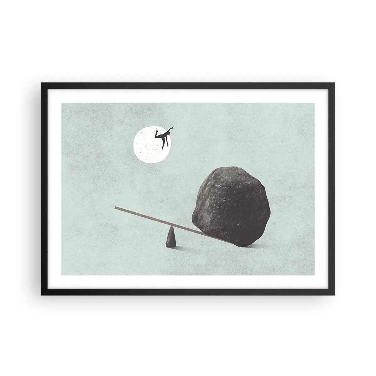 Poster in einem schwarzem Rahmen - Eine symbolische Szene mit einer Figur und einem Gleichgewicht vor einem hellen Himmel. - 70x50cm - Erfüllte Träume - Moderne Wanddekoration für Wohnzimmer und Schlafzimmer ARTTOR